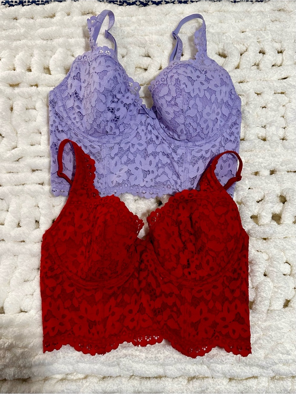 Two (2) Victoria's Secret Red & Lavender Lace Bustier Bralettes